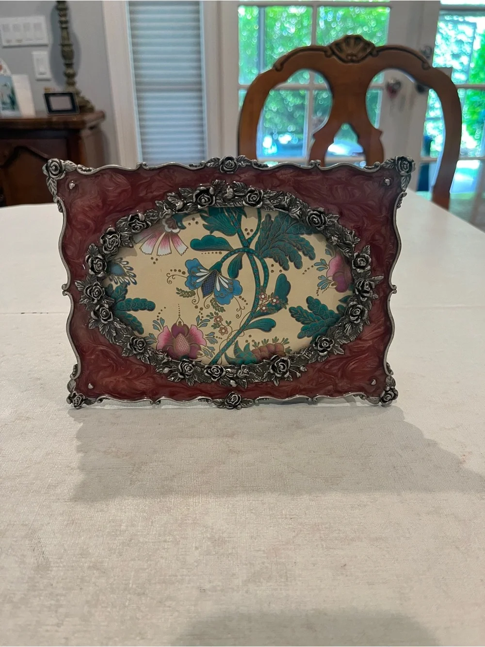 Vintage rose pink swirl enamel and silver rose floral oval frame. So sweet!